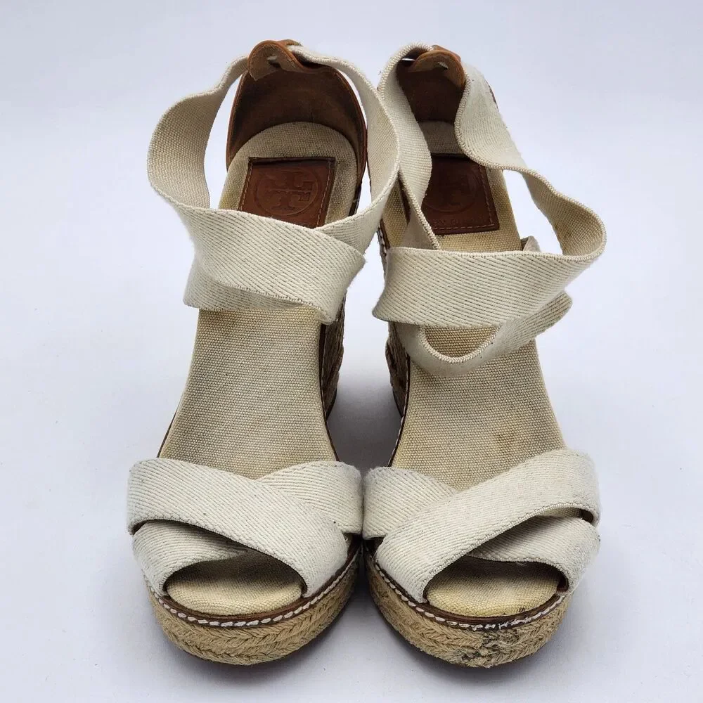 Tory Burch Adonis Espadrille Wedge Platform Heel Sandals Ivory Natural Size 9